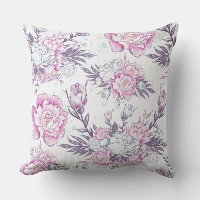 Coussin Élégant motif floral rose et vert avec feuillage v (Recto)