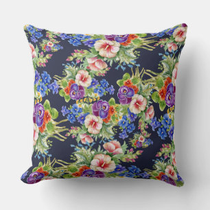 Coussin Élégant motif floral rose jaune bleu feuillage