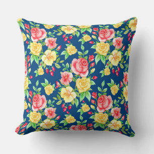 Coussin Élégant motif floral rose jaune rouge