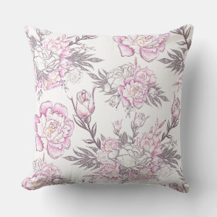Coussin Élégant motif floral rose pâle feuillage gris 