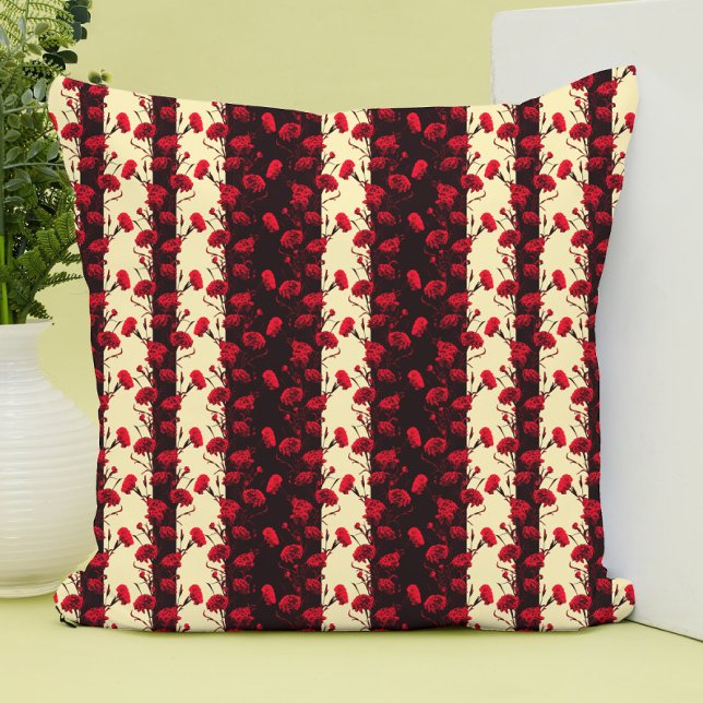 Coussin Élégant motif floral rouge noir rayures d'oeillet (Créateur téléchargé)
