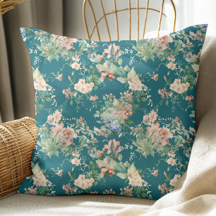 Coussin Élégant motif floral Vintage foncé Turquoise