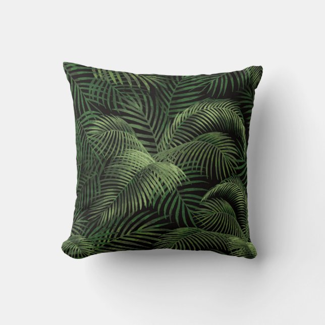Coussin Élégant Motif Tropical Palm Tree | Noir et vert (Recto)