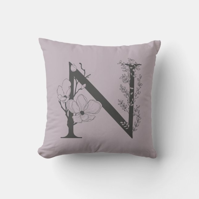 Coussin Élégant N Boho Floral Monogramme Initiale Lilas Gr (Recto)