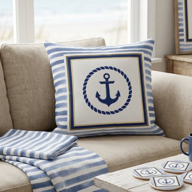 Coussin Elegant Nautical Blue Anchor and Light Blue Stripe (Créateur téléchargé)