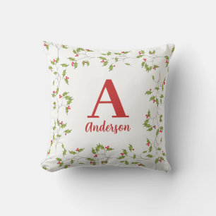 Coussin Élégant Noël Fêtes de fin d'année Houx Monogramme