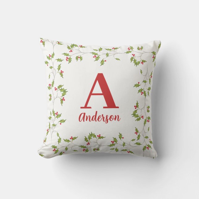 Coussin Élégant Noël Fêtes de fin d'année Houx Monogramme  (Recto)