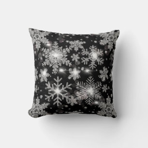 Coussin Élégant Noël noir blanc argent flocons de neige