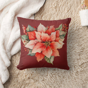 Coussin Élégant Noël Rouge Poinsettia