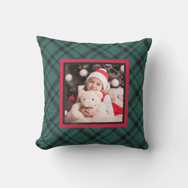 Coussin Élégant Noël vert et rouge avec photo (Recto)