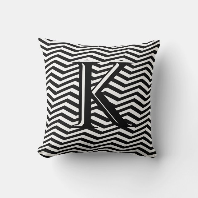 Coussin Élégant noir blanc Chevron Stripe Monogramme perso (Recto)