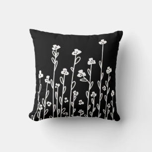 Coussin Elégant noir blanc minimaliste doodé floral