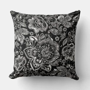 Coussin Élégant noir et argent Floral Baroque Damask