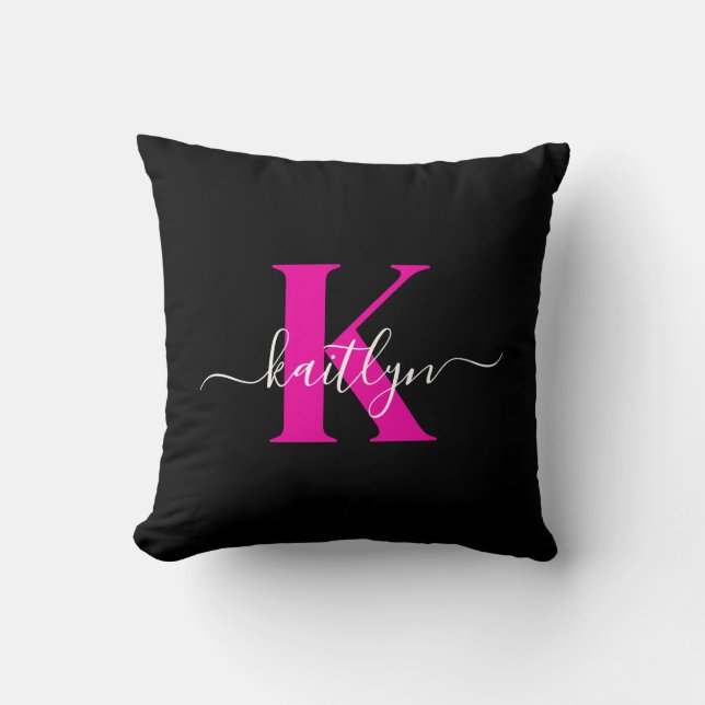 Coussin Élégant Noir Hot Rose Script Monogramme (Recto)