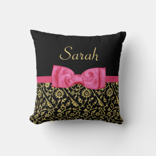 Coussin Élégant noir or floral damas rose noeud et nom