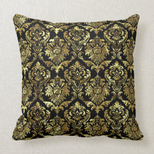 Coussin Elégant noir & or Vintage Floral Damas 2d