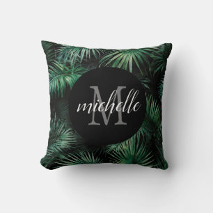 Coussin Élégant noir vert Tropical Palm Feuilles Monogramm