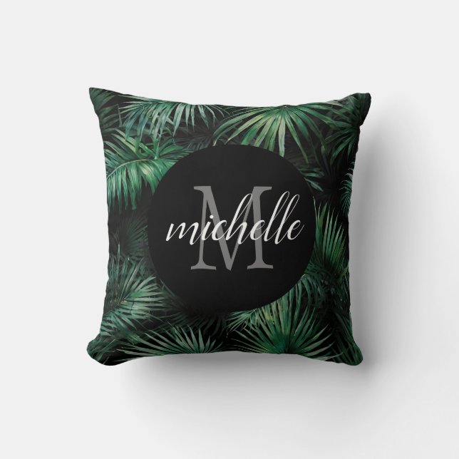 Coussin Élégant noir vert Tropical Palm Feuilles Monogramm (Recto)