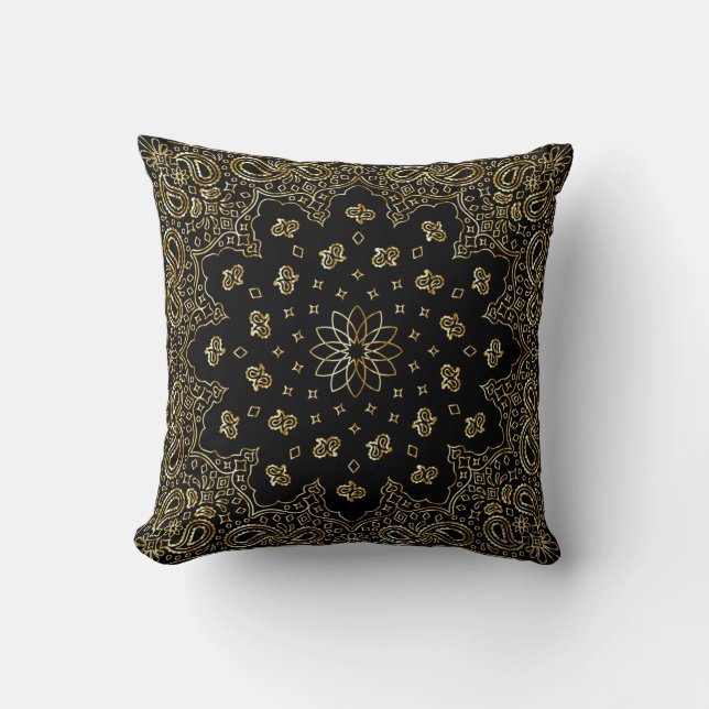 Coussin Elégant or et noir Mandala 16 x 16 Round (Recto)