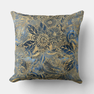 Coussin Elégant or Mandala Fleurs Bleu Nebula