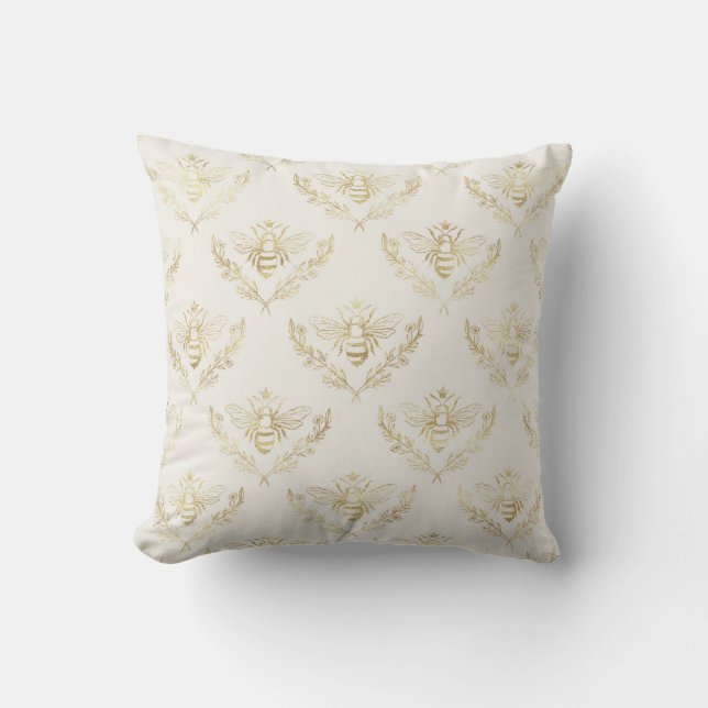Coussin Élégant, Or sur Crème, Abeilles. (Recto)