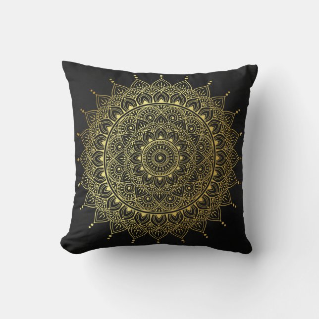 Coussin Elégant or sur Soft Black Floral Henna Mandala (Recto)