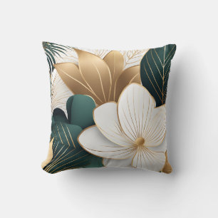 Coussin Élégant or vert et floral blanc