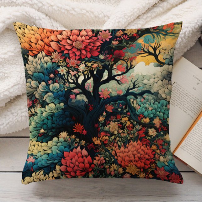 Coussin Élégant orange brûlé sarcelle or chinoiserie (Orange and teal leaves in forest pillow)