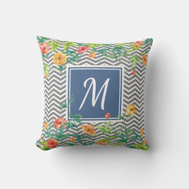 Coussin Élégant Orange Floral Chevron Chic Blue Monogram (Recto)