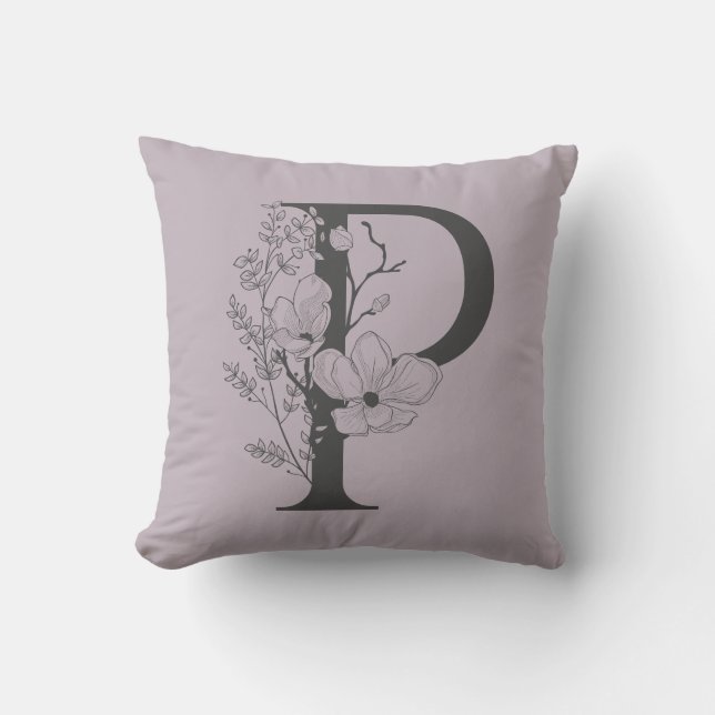Coussin Élégant P Boho Floral Monogramme initial Lilac Gre (Recto)