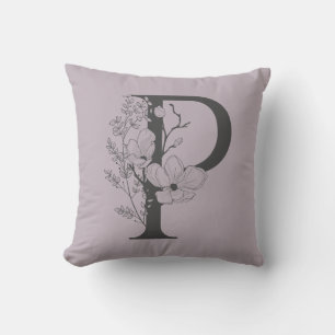 Coussin Élégant P Boho Floral Monogramme Initial Lilac Gri