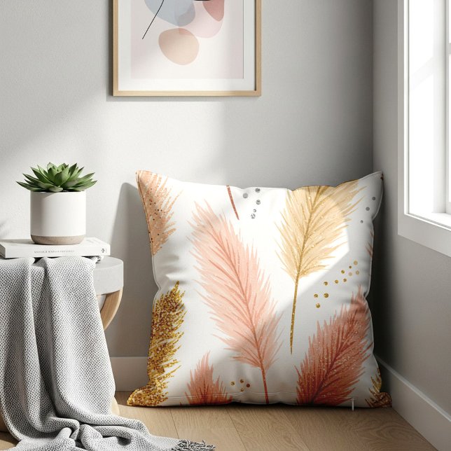 Coussin Élégant Pampas Grass Rose Pâle et Paillettes Dorée (Créateur téléchargé)