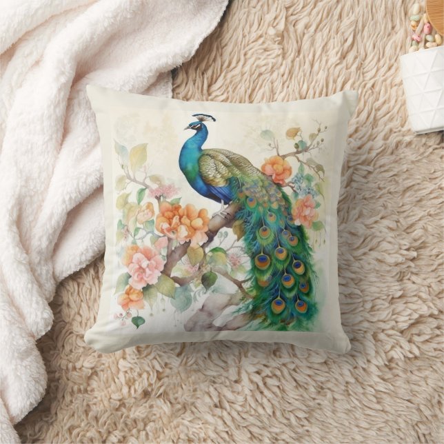 Coussin Élégant Paon Bleu Fleurs Roses Crème (Couverture)