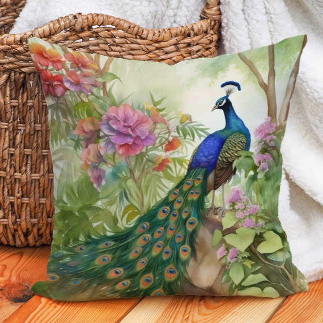 Coussin Élégant Paon Bleu Vert Fleurs Roses Forêt (Elegant blue and teal peacock decorator pillow)