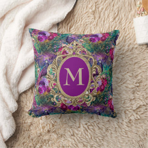 Coussin Élégant Paon Floral Turquoise Violet Monogramme Or