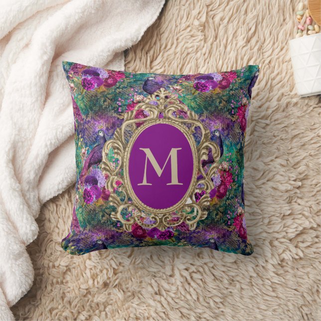 Coussin Élégant Paon Floral Turquoise Violet Monogramme Or (Couverture)
