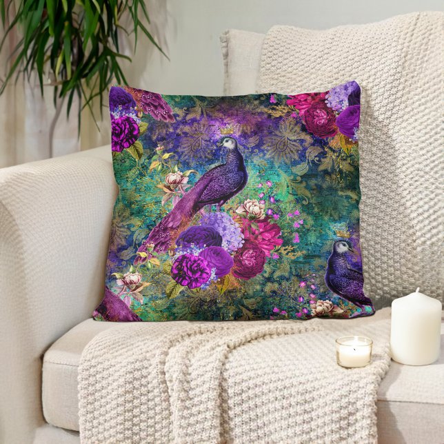 Coussin Élégant Paon Floral Violet Turquoise (Elegant purple and emerald green peacock pillow)