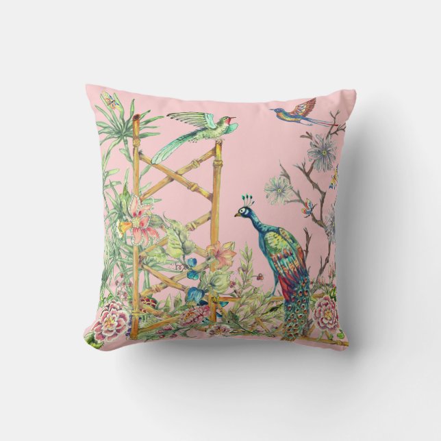 Coussin Elégant paon rose dans le jardin de fleurs orienta (Recto)