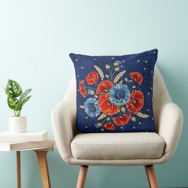 Coussin Élégant Papiers de souvenir bleu, rouge et or (Chaise)