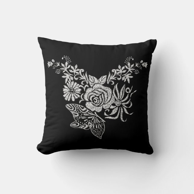 Coussin Élégant papillon blanc rose floral (Recto)