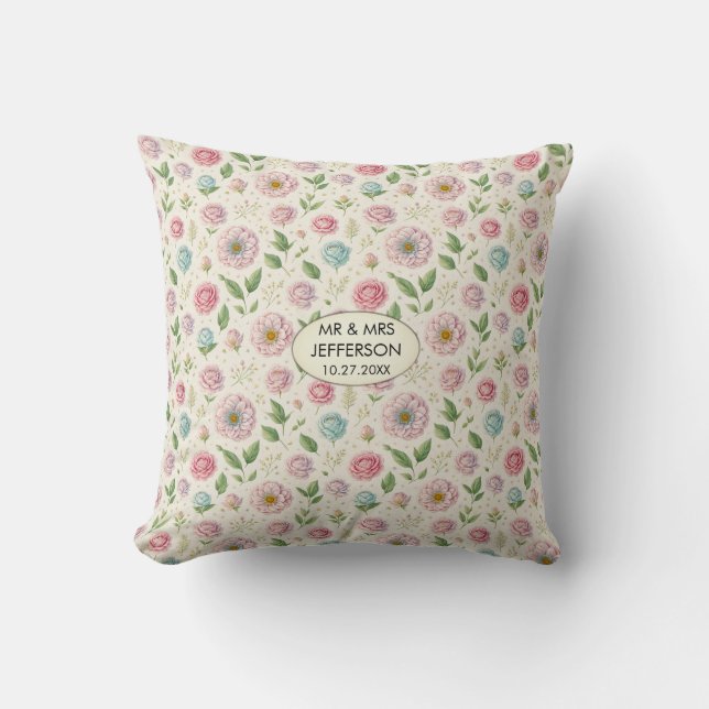 Coussin Élégant Pastel Floral Customisé Nom du Mariage Dat (Recto)