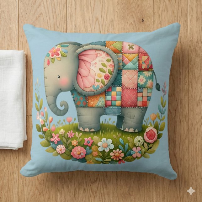 Coussin Élégant Patchwork de Fleurs de Prairie à l'Élphant (Patchwork Elephant Floral Meadow Charm Throw Pillow Mockup A)