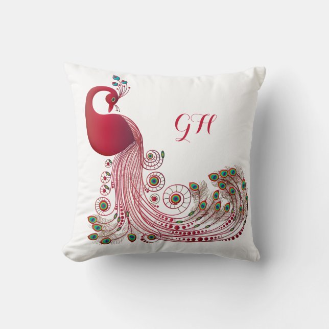 Coussin Elégant Peacock de Bourgogne Plumes Monogrammé (Recto)