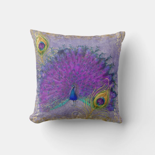 Coussin Élégant Peacock Plumes violet or rouleaux (Recto)