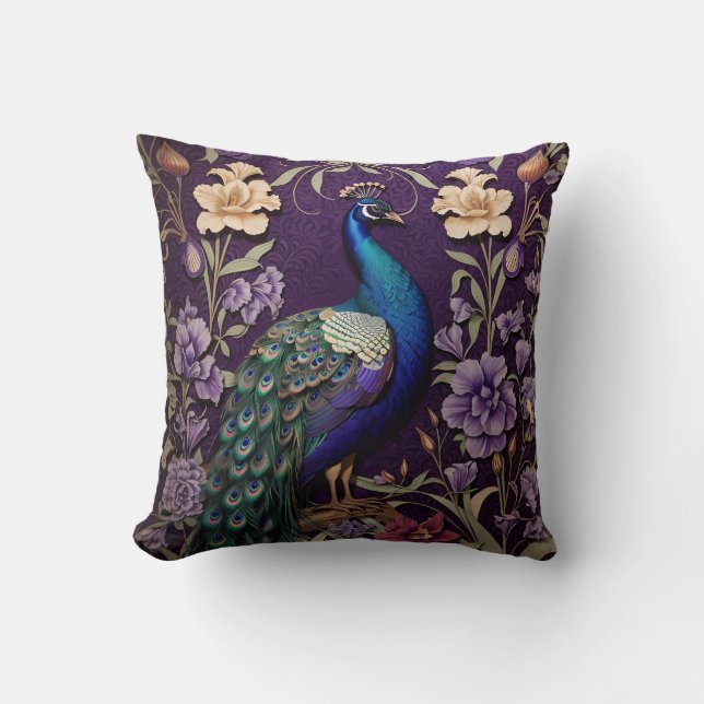Coussin Elégant Peacock Sur Purple William Morris Inspiré (Recto)