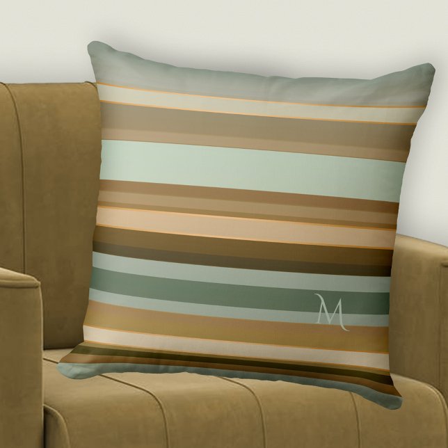 Coussin Elégant Pine Green Gris Brown Motif rayé (Pillow featuring an elegant striped pattern in pine green with grey brown and small rose gold lines)