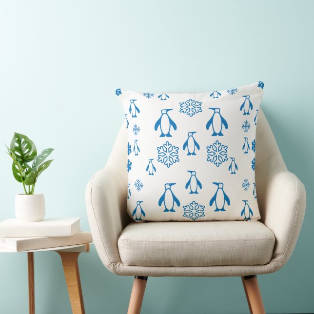 Coussin Élégant Pingouins Bleus avec Motif de flocons de n (Chaise)