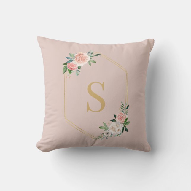 Coussin Élégant Pink Floral Gold Script Monogramme (Recto)