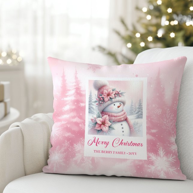 Coussin Elegant Pink Snowman Winter Scene Kids Christmas  (Elegant Pink Snowman Winter Scene Kids Christmas Pillow

)