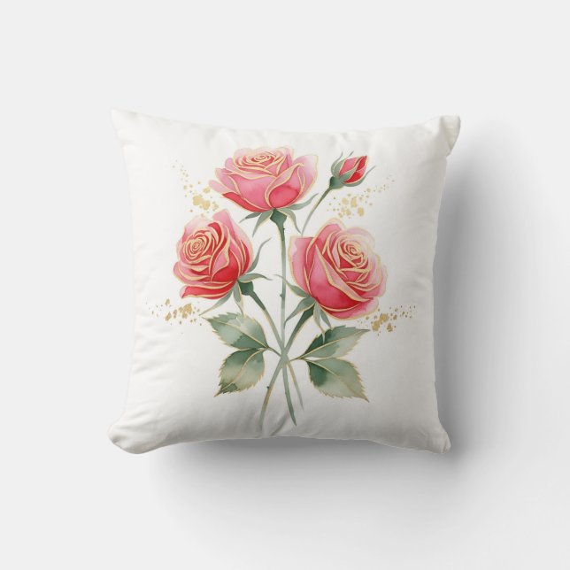 Coussin Elegant Pink Watercolor Roses with Gold Foil Trim (Recto)